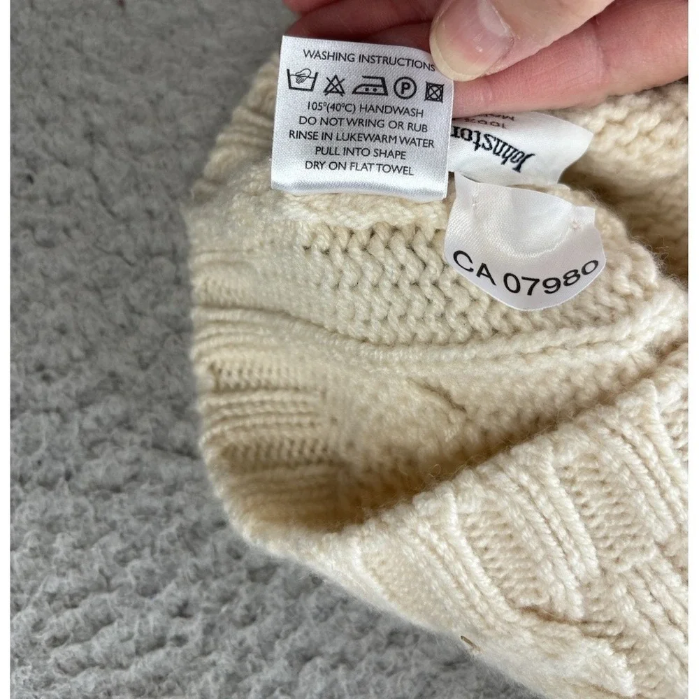 Johnstons Of Elgin Cashmere Sweater Mens 46 XL Ivory Cable Knit Made in Scotland